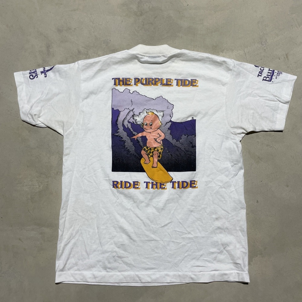 Vintage The Purple Tide Surfer Go Kewps 1980s Graphic T Shirt SZ Large Beach